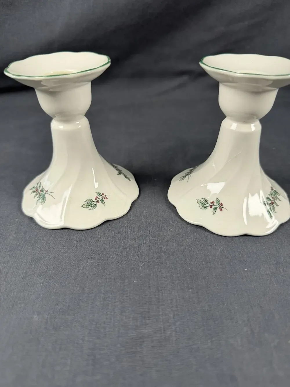 Nikko Happy Holidays Ceramic Candlestick Holders with Holly Berry Motif Set Of 2